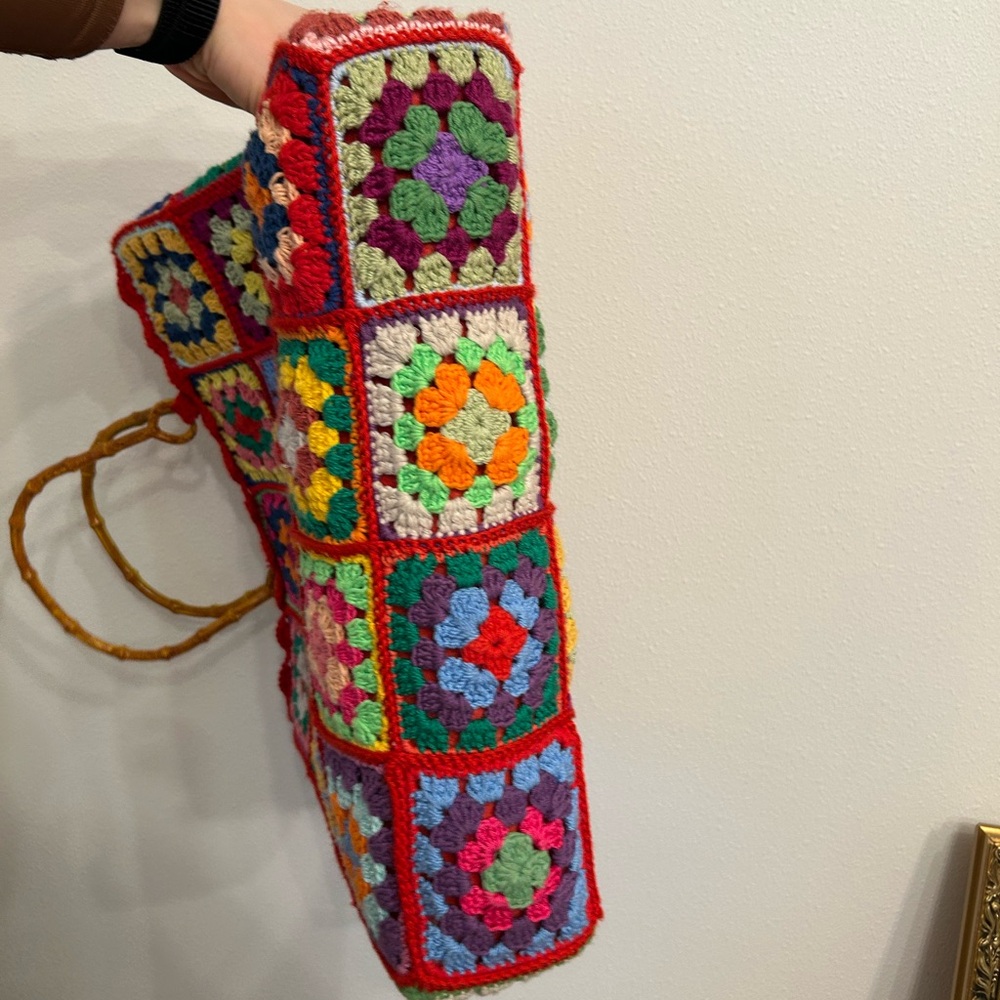 Granny Square Crochet Purse Tote Bag with Bamboo Handles - Picture 6 of 12